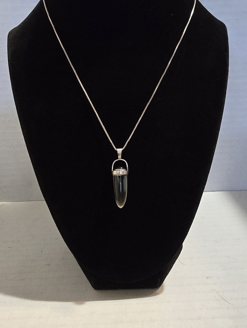 Vtg 1.4 Inch Black Tourmaline Clear Crystal Pendant On 18 Inch Silver Box Chain